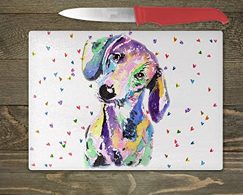 Daschund Glass Chopping Board, Watercolour Heart, Worktop Saver, New Home Gifts, Pug Gifts, Kitchen worktop Protector, Animal Artwork, Cutting Board, Counter Surface Saver (A3-30X39CM)