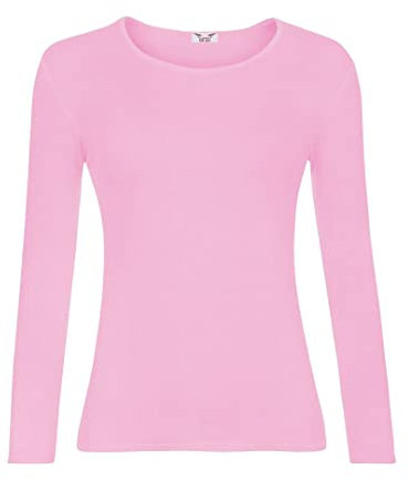 KATSSI Women’s Ladies Long Sleeve Stretch Plain Round Scoop Neck T Shirt Top ML Pink