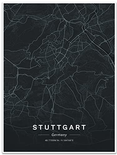 wandmotiv24 Poster als Wanddeko, Größe 40x30cm, Straßen Karte Stuttgart, Deutschland, Schwarz, Moderne Wanddeko, Wandbilder, Deko, Bild M0142
