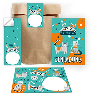Junapack 12 Einladungskarten zum Kindergeburtstag Geburtstag Mädchen Jungen Katzen incl. 12 Umschläge, 12 Tüten/natur, 12 Aufkleber