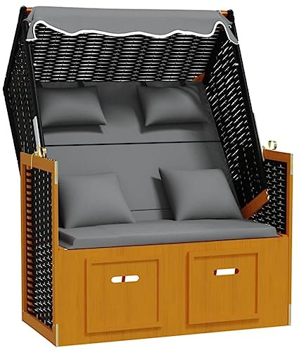 Bussandri Exclusive - Strandkorb mit Kissen Poly Rattan Massivholz Schwarz Anthrazit