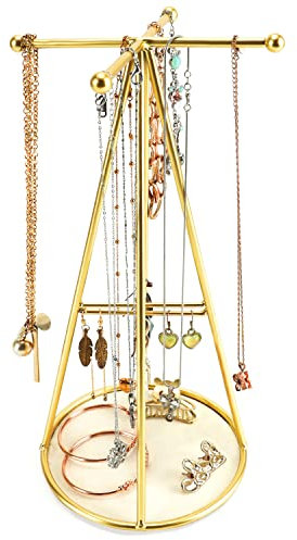 BELLE VOUS Porte Bijoux Femme Pyramidal Doré avec Base Ronde - H29 cm - Porte Bijoux Arbre Organisateur Suspendu - Porte Boucle d’Oreille, Colliers, Bracelets et Bagues en Métal