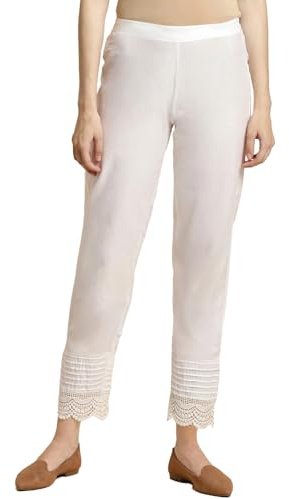 rangita Women 100% Cotton Off White Solid Calf Length Straight Pant, M, Off White, M