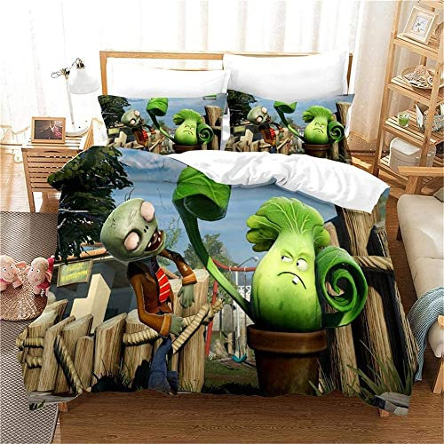 ESAAH 3D Plants Vs Zombie Print Bettwäschesets?Mikrofaser?1 Bettbezug + 2 Kissenbezüge?Jugendbettwäsche Set (A1,135x200cm+75x50cmx1)