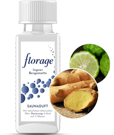 Florage 100ml Saunaaufguss INGWER BERGAMOTTE - 50 Jahre Erfahrung als deutsche Duftmanufaktur, hochergiebiges Aufgussmittel für die Sauna, viele Aufguss Düfte, vegan und ohne Tierversuche