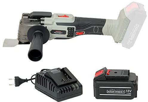 Dino KRAFTPAKET 18V Bürstenloses Akku-Multifunktionswerkzeug (Set mit 4Ah Akku und Ladegerät, 5.000-19.000 1/min) Oszillierer, Schnellspanner Aufnahme 12-fach einstellbar Motor bürstenlos
