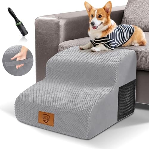 HEVOL Hundetreppe für Kleine Hunde, 2 Stufen Haustiertreppe mit Waschbarer Bezug, Treppe für Hunde, Tragbare Wasserdicht Katzentreppe für Bett und Sofa aus Hochdichtem Schwamm
