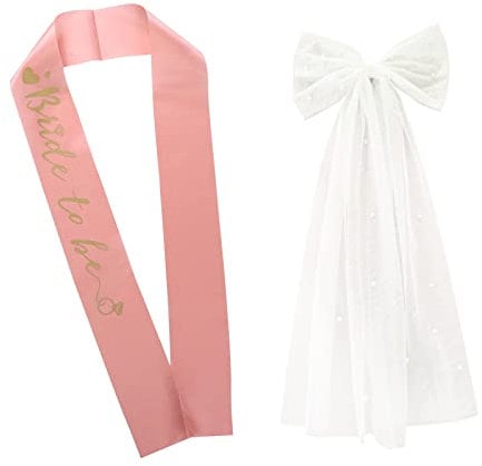 TSHAOUN 2 Stück Hochzeits Dekoration, Schärpe Rosegold, Schleier Braut, Weiße Schleife Schleier mit Haarspangen Perlen, Bride to Be Schärpe und Schleier, für Verlobung und Brautparty