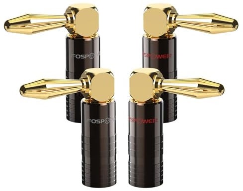 FosPower - 2 Paar (4 Stück) Bananenstecker, 24K vergoldet, rechtwinklig - Lautsprecherstecker für Lautsprecherkabel, Wandplatten, Heimkino, Verstärker und Audiosysteme