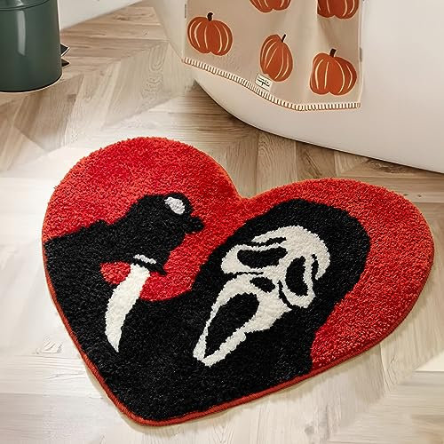 TANVILL Badezimmerteppich, schwarz, rot, orange, rutschfest, Weihnachtsdekoration, lustiger Totenkopf-Halloween-Badteppich, waschbar, saugfähig, gruselige Geschenke