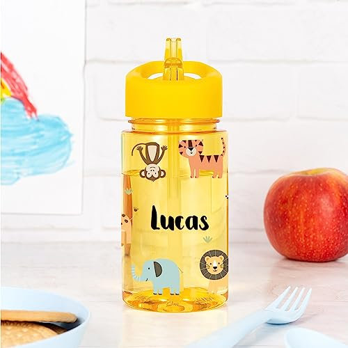 Wanapix | Bouteille personnalisée pour enfants | Gourde d'eau pour enfants | Avec paille et poignée de transport | École/Crèche | Plastique sans BPA | 440 ml | Jaune | Animaux