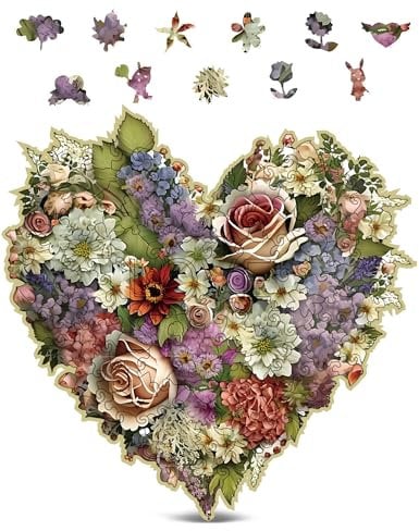 Crafthub Premium Holzpuzzle für Erwachsene & Kinder – A3 Blumenpuzzle – 128 Teile – Blühendes Herz – Hochwertiges Holz mit UV-Druck – Puzzle Erwachsene – 27,5cm x 27,5cm