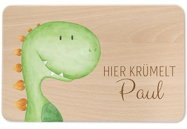 wunderwunsch - Individuelles Holzbrett mit Hochwertigem UV-Druck für Kinder - Personalisiertes Frühstücksbrettchen - Niedliche Motiv-Brettchen mit Namen (Dino links unten)
