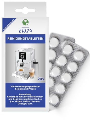 Hochwertige [2-Phasen Reinigungstabletten für Kaffeevollautomaten] Kompatibel mit Jura, Miele, Siemens uvm| Entfernt zuverlässig hartnäckige Ablagerungen und Kaffeeöle | testsieger | 20 Stück