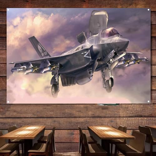 US F-35 Lightning II Stealth Fighter Bild Wandflagge, Wandkunst Wanddekoration Tapisserie Militärischer Kampfjet Poster Leinwand Banner Kunstwerk mit 4 Metallringschnallen fertig zum Aufhängen
