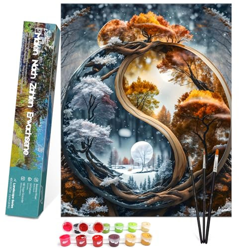 Bougimal Peinture par numéros Adulte Paysage Cadre Ohen avec pinceaux et peinture acrylique - 40 x 50 cm, Automne et hiver