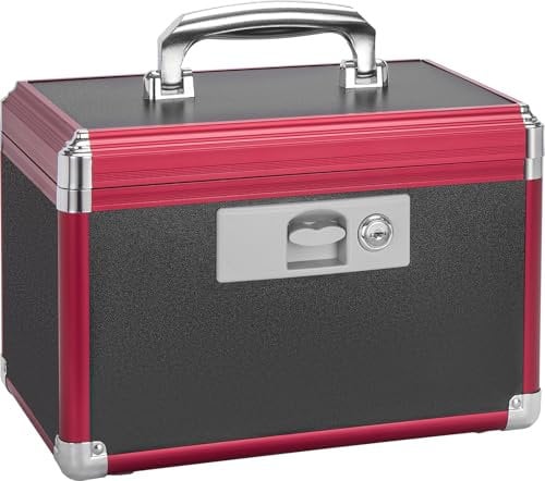 GODLONSEN Lockable Medicine Box, 10''x 6''x 6.7'', Medication Lock with Key, First Aid Safe Medication Storage Box for Home Outdoor School Hospital, Black-Red, Small