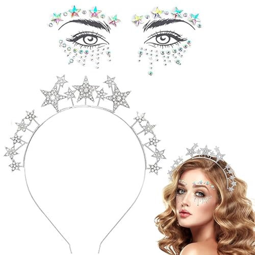 Sterne Haarreif, Strass Haarband + Strasssteine Gesicht Aufkleber Temporäre Tattoo Karneval Fasching Halloween Geburtstag Party Kostüm, Glitzer Haarreifen Haarschmuck für Frauen Mädchen (Silber)