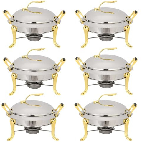 Juego De Platos Para Frotar De 3 Litros, Servidor De Buffet Redondo De Acero Inoxidable De Tamaño Completo Con Sartenes, Tapa Y Soportes Para Combustible, Para Catering, Fiest(Size:6 Pack,Color:Oro)
