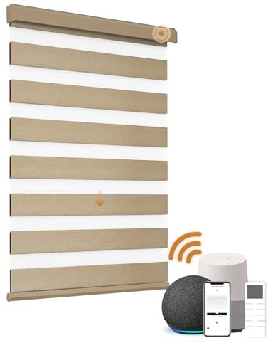 JOYENG Motorized Zebra Blinds Compatible with Alexa, Smart Dual Layer Shades with Privacy Light Control, Electric Horizontal Window Blind Customized Size for Home Office (Luxury Coffee)