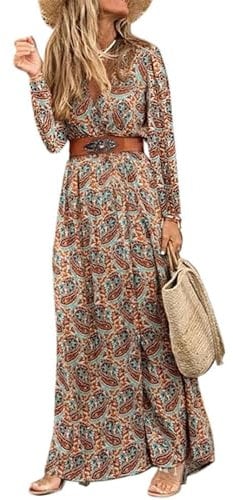 MessBebe Womens 2028 Floral Maxi Dress Wrap V Neck Long Sleeve Beach Party Flowy Long Boho Dresses with Belt Brown