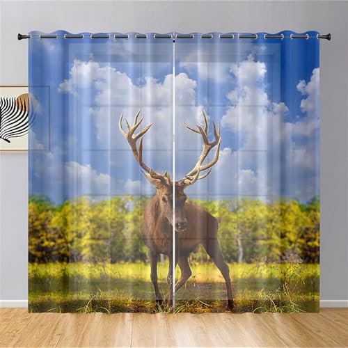 Hixingo Sheer Voile Gardinen Elch-Druck Vorhänge, 2er Set Vorhang mit Ösen, Mode Halbtransparent Scheibengardinen Wohnzimmer Küchen (132x160cm,Elch 1)
