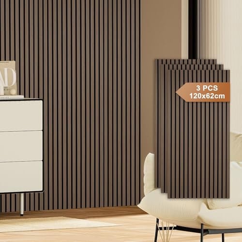 Fiqops 3X Akustikpaneele Holz 120x60cm Wandpaneele aus Holzfunier und Filz,Holzpaneele Walnussfarbe,Wandverkleidung holz für Studio und Zuhause Innenwanddekoration – Großflächige Abdeckung