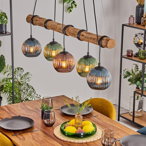 HOFSTEIN Pendelleuchte Koyoto, 5-flammige Hängelampe aus Metall/Holz/Riffelglas in Schwarz/Natur/Kupfer/Blau/Grün, Hängeleuchte m. Glasschirmen/Holzbalken, max 150cm, E27, Esszimmer, Wohnzimmer, Küche