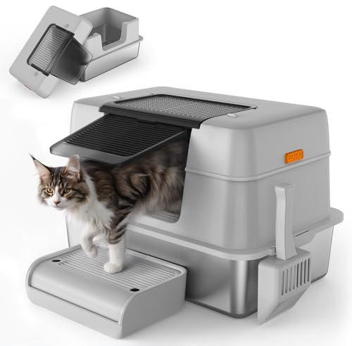 VERYMODEL Lettiera per Gatto in Acciaio Inox, Chiusa, XXL 61x41x31CM, Con Paletta, Fianchi Alti, Antiaderente, Antiodore, Facile da Pulire