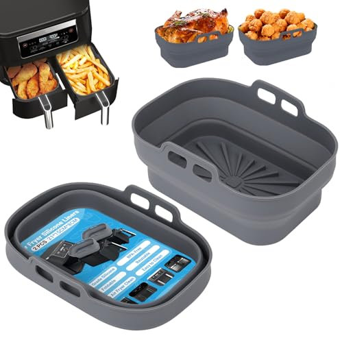 Alyvisun Teglia per Friggitrice ad Aria, 2 Pezzi Stampi Silicone Air Fryer Riutilizzabile Contenitore Teglie Friggitrice Aria Contenitori Cestello Vaschette per Airfryer, Forno, Microonde (Grigio)
