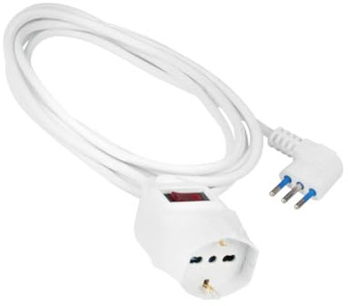 CAVO PROLUNGA 5 METRI BIANCO CON INTERRUTTORE E PROTEZIONE DA SOVRATENSIONE 2300W SPINA ANGOLARE 10A 2P+T PRESA BIPASSO+SHUKO