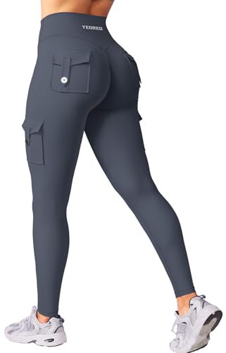 YEOREO CoreFlex Sport Leggings Damen Mit Taschen Invisible Scrunch Butt Gym Leggings High Waist Boom Booty Seamless Push Up Blickdicht Yoga Sport Leggings Anthrazitgrau M