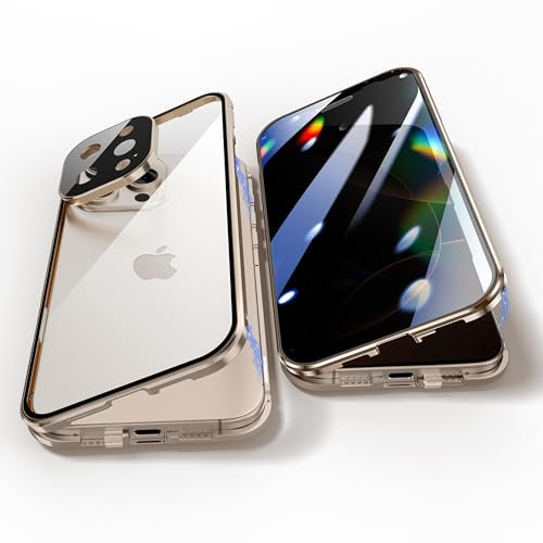 Anti Peeping Case for iPhone 16 Pro Max, Anti SPY Screen, Anti Peep Magnetic Adsorption Metal Bumper with Lens Protector 360 Degree Protection Front Privacy Tempered Glass Back Clear Cover (Gold)