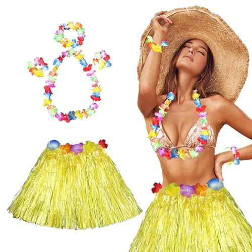 Landrain Bastrock Hawaii Damen, 30cm Lange Hula Rock mit Halskette Armbänder Haarblume Grasröcke