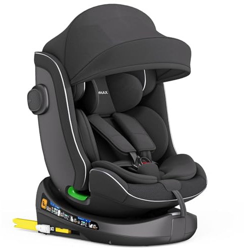 Kindersitz 360° drehbar mit Isofix, ECE R129, 0-36 kg, verstellbar, neigbar, atmungsaktiver Bezug, 5-Punkt-Gurt, Top Tether, Autokindersitz für Babys & Kinder 0-12 Jahre, Farbe:Schwarz