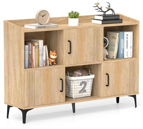 GiantexUK Buffet Storage Cabinet, Wooden Kitchen Sideboard with 3 Compartments, 3 Doors & Sturdy Metal Legs, Freestanding Cupboard Display Organizer Unit for Dining Living Room