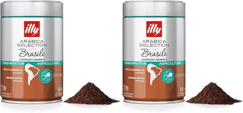 illy, Caffè Macinato per Espresso Arabica Selection Brasile Cerrado Mineiro, 100% Arabica con Note di Caramello e Frutta Secca, Gusto Intenso, Confezione da 500g