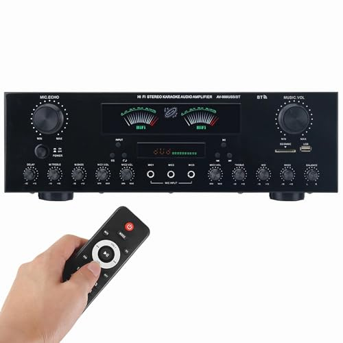 RKXKJ Amplificatore Audio, Amplificatore AV a 7 Canali da 1200 W di Potenza, Ricevitori Stereo HiFi con Bluetooth 5.2, USB, FM, Schede SD, 3 Ingressi Microfono per Altoparlanti Home Theater, Karaoke
