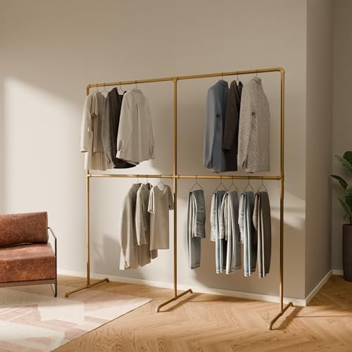 pamo Kleiderständer Gold – Industrial Design Kleiderstange freistehend 195 x 194 cm – Offener Kleiderschrank & Garderobenständer Metall für Schlafzimmer, Flur & Ankleidezimmer