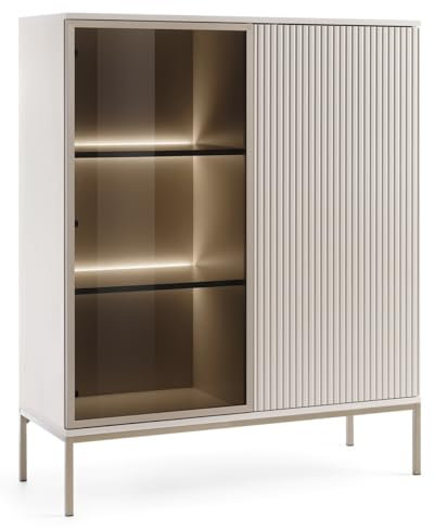 Emporius Haller Vitrinenschrank 100 cm, Glasvitrine Stehend - Highboard, Vitrine, Glasvitrine Beige mit LED und Lamellen - 126 cm hoch