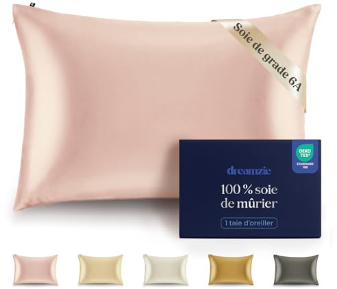 Dreamzie Taie d Oreiller en Soie 100% Soie 22 Momme Grade 6A - Oeko-Tex pour Cheveux et Peau - Taie d'oreiller en Soie 1 unité - Rose - 50 x 70 cm