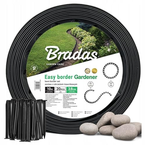 Bradas GARDEN CARE Bordure de jardin flexible avec 20 broches - Bordure de pelouse flexible en plastique 10 m x 5 cm - Bordure de tonte noire - Bordure de tonte - Convient pour les tondeuses à gazon