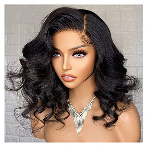 Perücken Echthaar 360 13 x 4 Lace Front Perücke, vorgezupft, kurze Körperwelle, 5 x 5 x 1, T-Teil, Spitzenperücke mit Babyhaar, 8-14 Zoll, kurzwellige, lockige Spitzenperücke for Frauen für Tägliche P