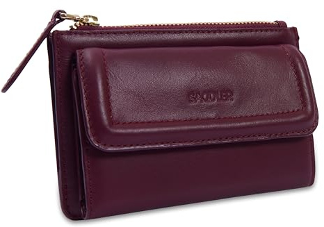 SADDLER Women's Leather Trifold RFID Card Wallet with Coin Purse, Bordeaux | Tissue-wrapped inside a signature gift box; includes YKK metal zippers and a floral lining for everyday organisation.