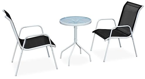 Teenpull 3-TLG. Bistro-Set Stahl Schwarz, Gartenmöbel mit 2 Textilene Stühlen, runder Tisch 50x71cm, stapelbar, für Balkon Terrasse Außenbereich