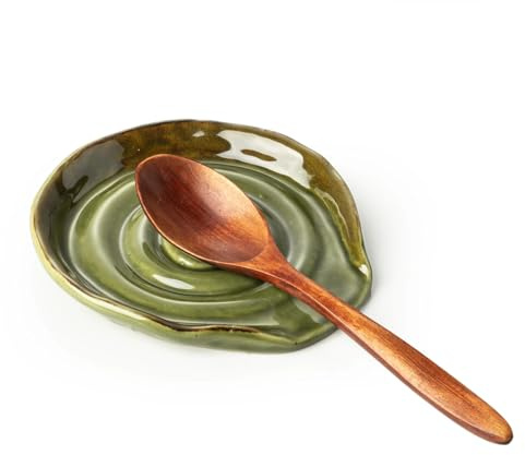 Besmeety Repose-cuillère en céramique pour dessus de cuisinière, support de cuillère pour comptoir de cuisine, repose-spatule, porte-ustensiles de ferme (vert kiln Green)