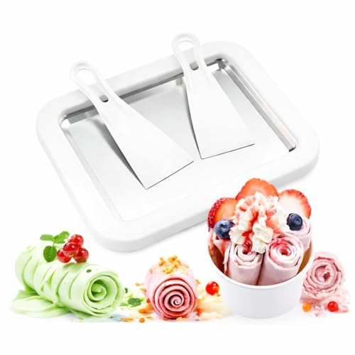 Ice Cream Roll Maker Pan, White, Manual Fried Ice Cream Plate with 2 Spatulas, Stainless Steel Cold Plate for DIY Frozen Yogurt, Sorbet, Ice Cream Rolls