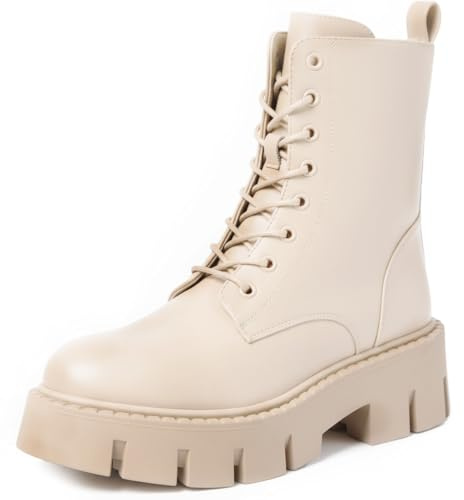 URBAN ROSA Anfibi Stivaletti Donna con Lacci Suola Spessa e Tacco Largo Antiscivolo 8256 (Beige, 39 EU, Adulto, 39, Numero, Sistema Taglie Calzature EU, Media)