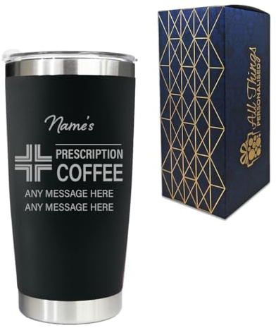 Engraved Travel Cup, Personalised Prescription for Coffee Design, 500ml or 17.5oz Capacity, Gift Boxed, Funny Gift, Black Insulated Coffee Cup