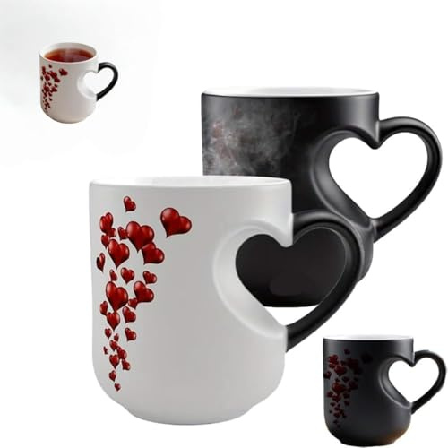 Lerkely Heart-Shaped Color Changing Magic Ceramic Mug, Heat Sensitive Magic Color Changing Coffee Mug with Red Heart Design, Valentine Themed Tea Cup for Water, Drinks, Home, Kitchen